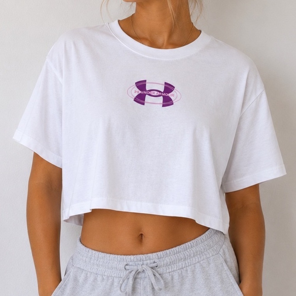 Under Armour Loose Fit White Cropped Logo T-Shirt Purple Pink Y2K Athletic Tee M